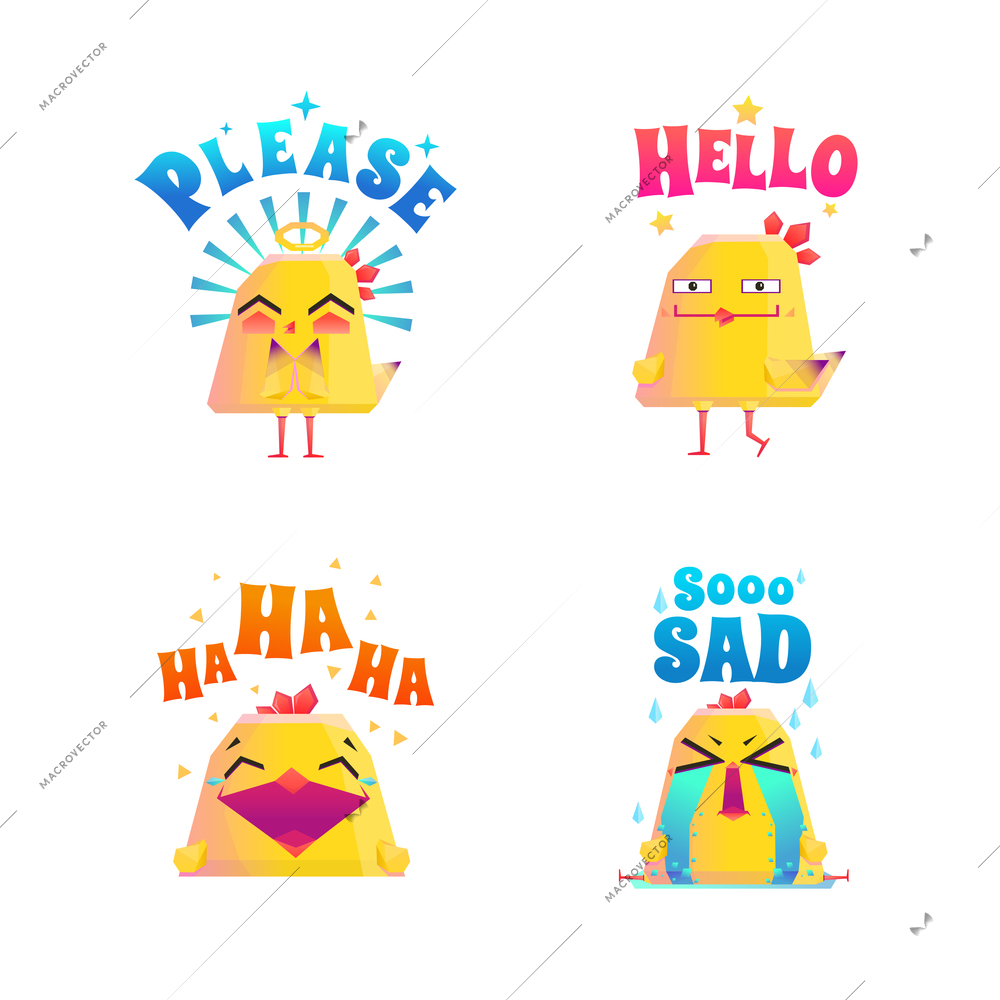 Chicken composition stickers collection of four isolated cartoon style character emoticons with artwork and text captions vector illustration