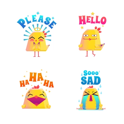 Chicken composition stickers collection of four isolated cartoon style character emoticons with artwork and text captions vector illustration