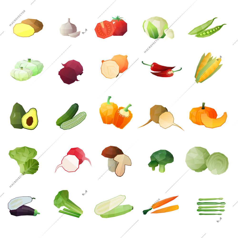 Vegetables polygonal set of isolated colorful polyangular green grocery images of ripe fruit and its slice vector illustration