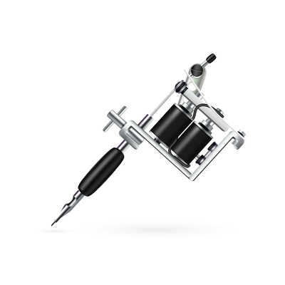 Realistic single tattoo machine with black and metal elements on white background 3d design isolated vector illustration