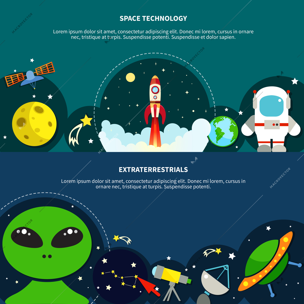 Space technology horizontal banners set with extraterrestrial symbols flat isolated vector illustration