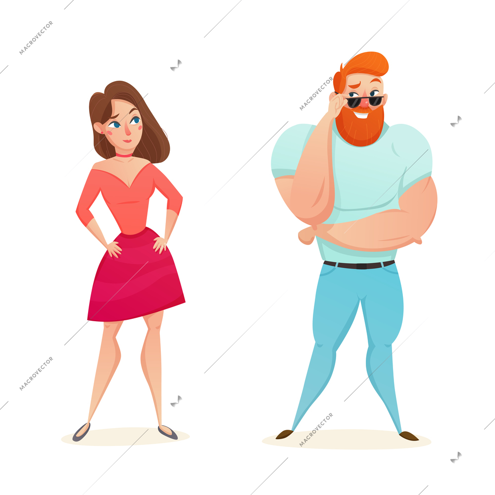 Cartoon figurines of athletic muscular macho flirting with young girl flat isolated vector illustration