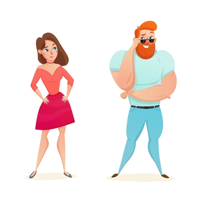 Cartoon figurines of athletic muscular macho flirting with young girl flat isolated vector illustration