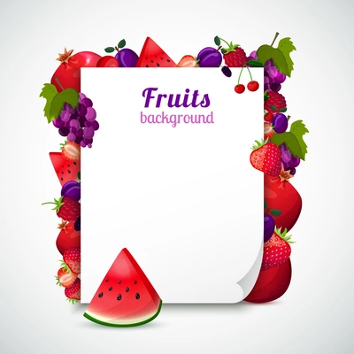 Sheet of paper decorated red and purple fruits with green leaves on white background vector illustration