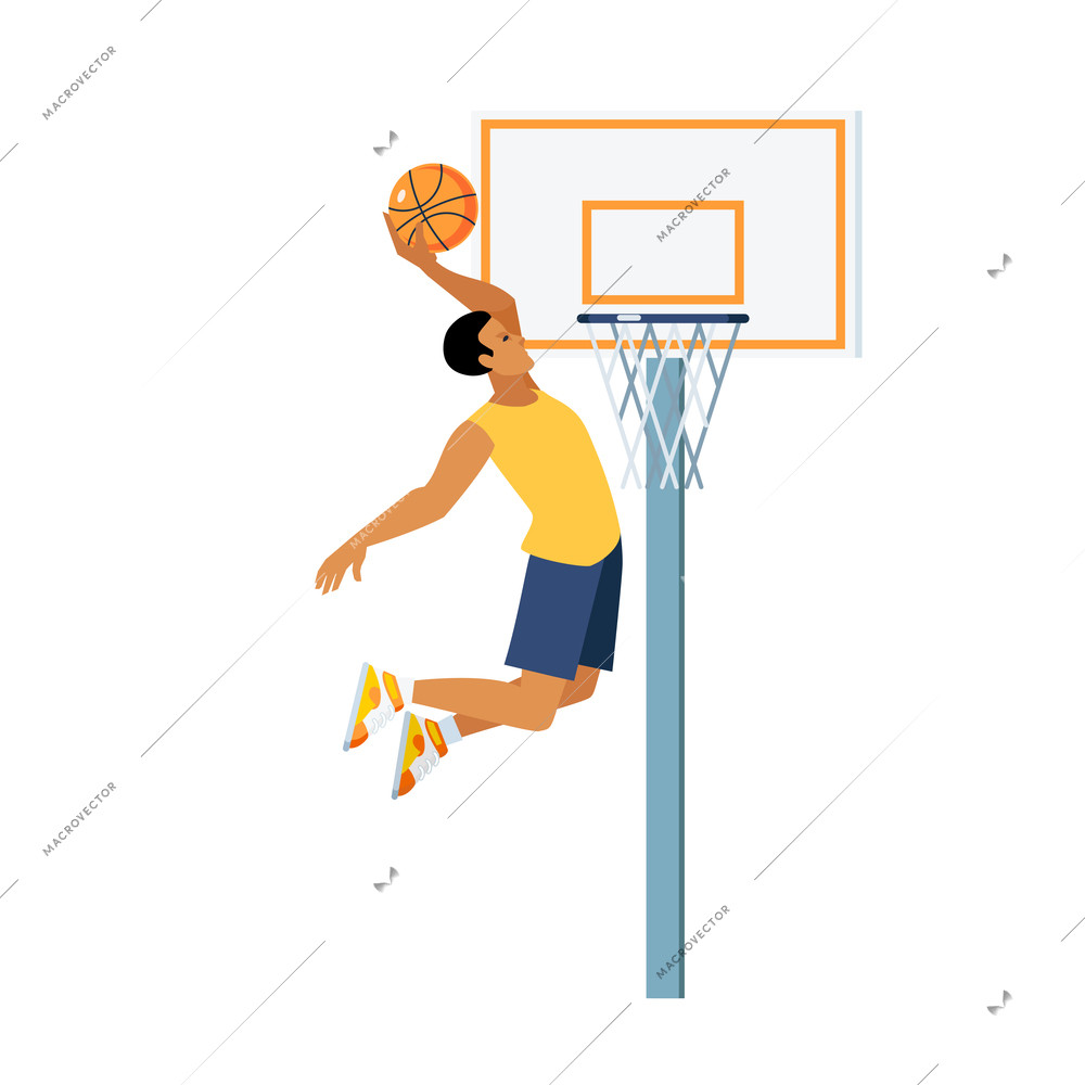 Young man doing basketball jump slam dunk near backboard with hoop on white background vector illustration