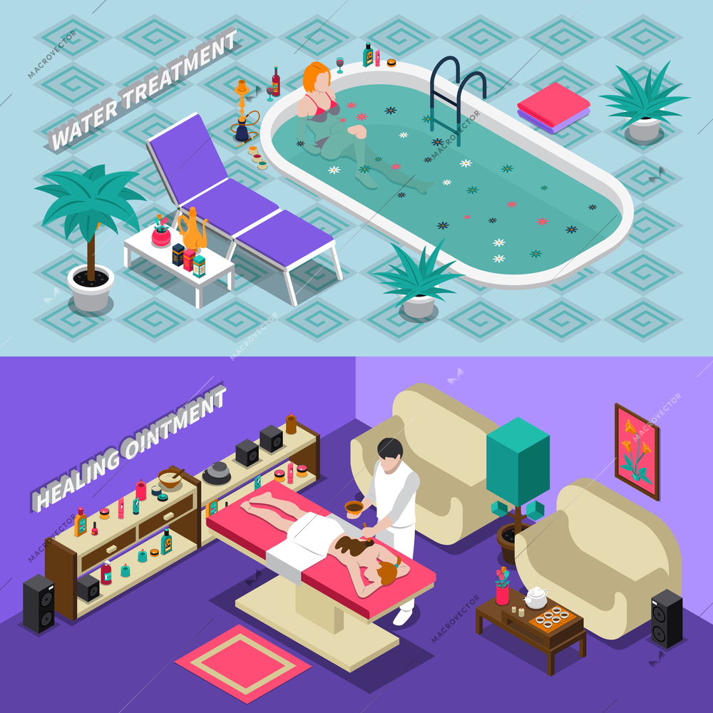 Spa salon isometric horizontal banners with water treatment healing ointment people and interior elements isolated vector illustration