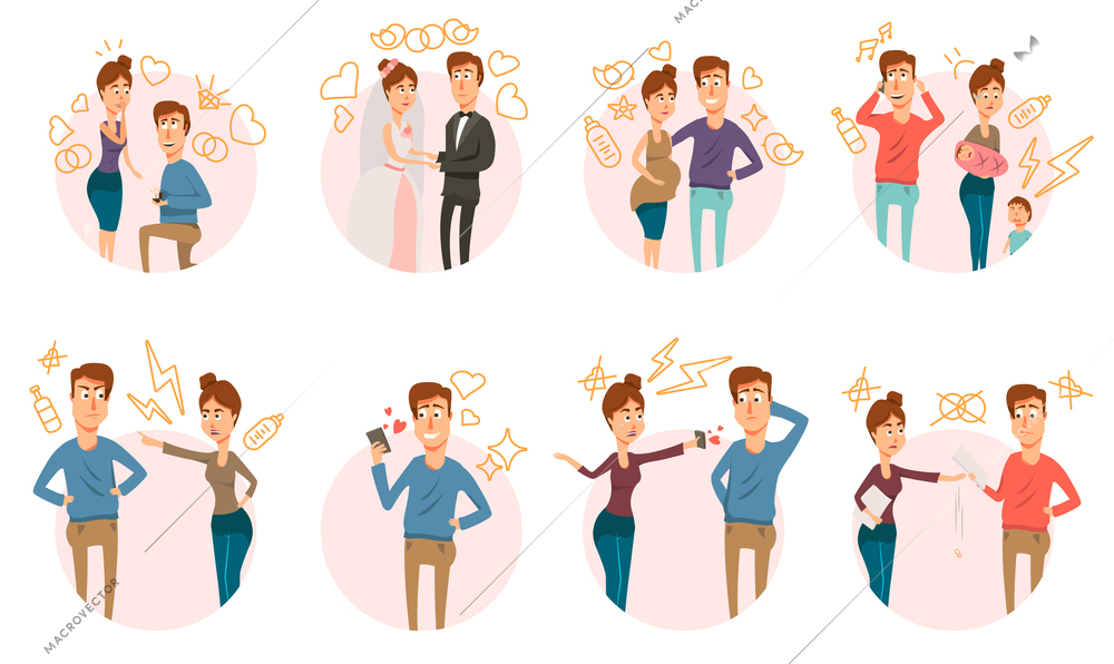 Marriage and divorce process round compositions set with partners couple doodle characters and hand drawn signs vector illustration