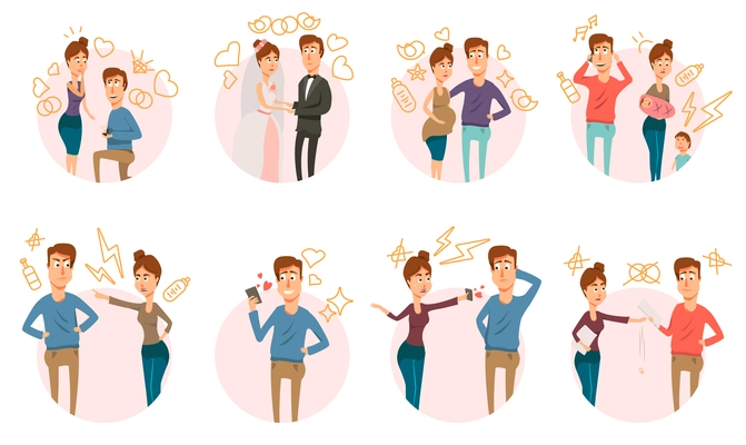 Marriage and divorce process round compositions set with partners couple doodle characters and hand drawn signs vector illustration