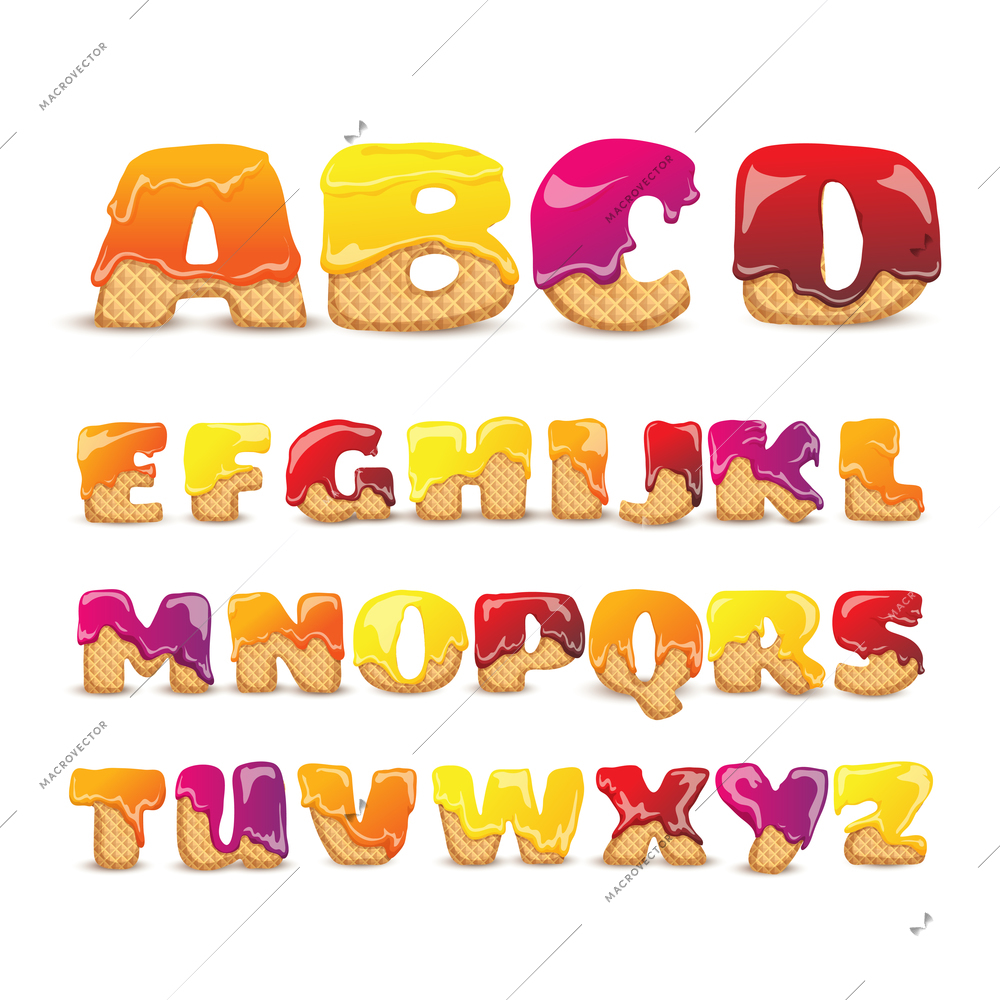 Coated waffles latin letters sweet alphabet with fruit flavor funny colorful pictograms collection poster abstract vector illustration