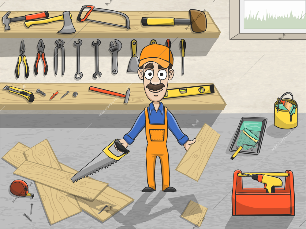 Happy carpenter cartoon character in cap sawing wooden board in workroom with tool planks poster vector illustration