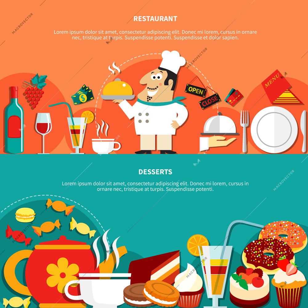 Restaurant horizontal banners with flat compositions of food and drinks images sweets cook character with text vector illustration