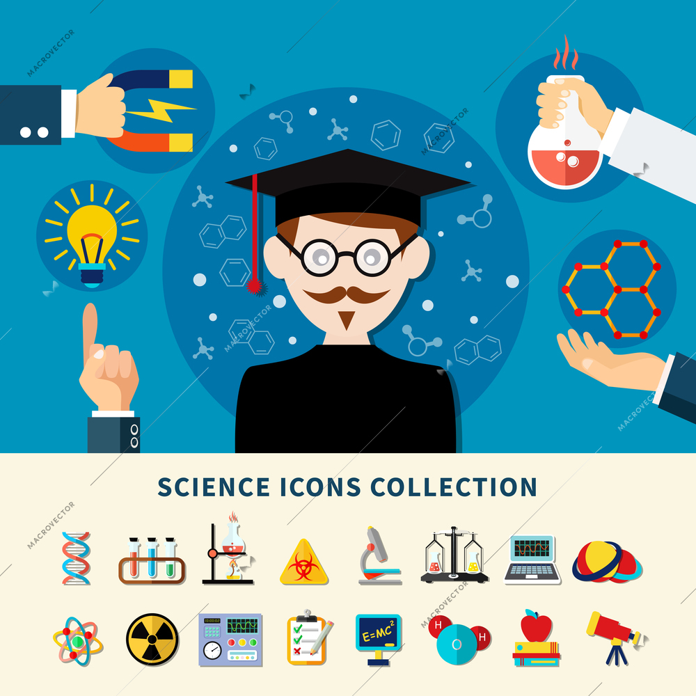 Sciences banner and icons collection set of scientific experiments for education flat vector illustration