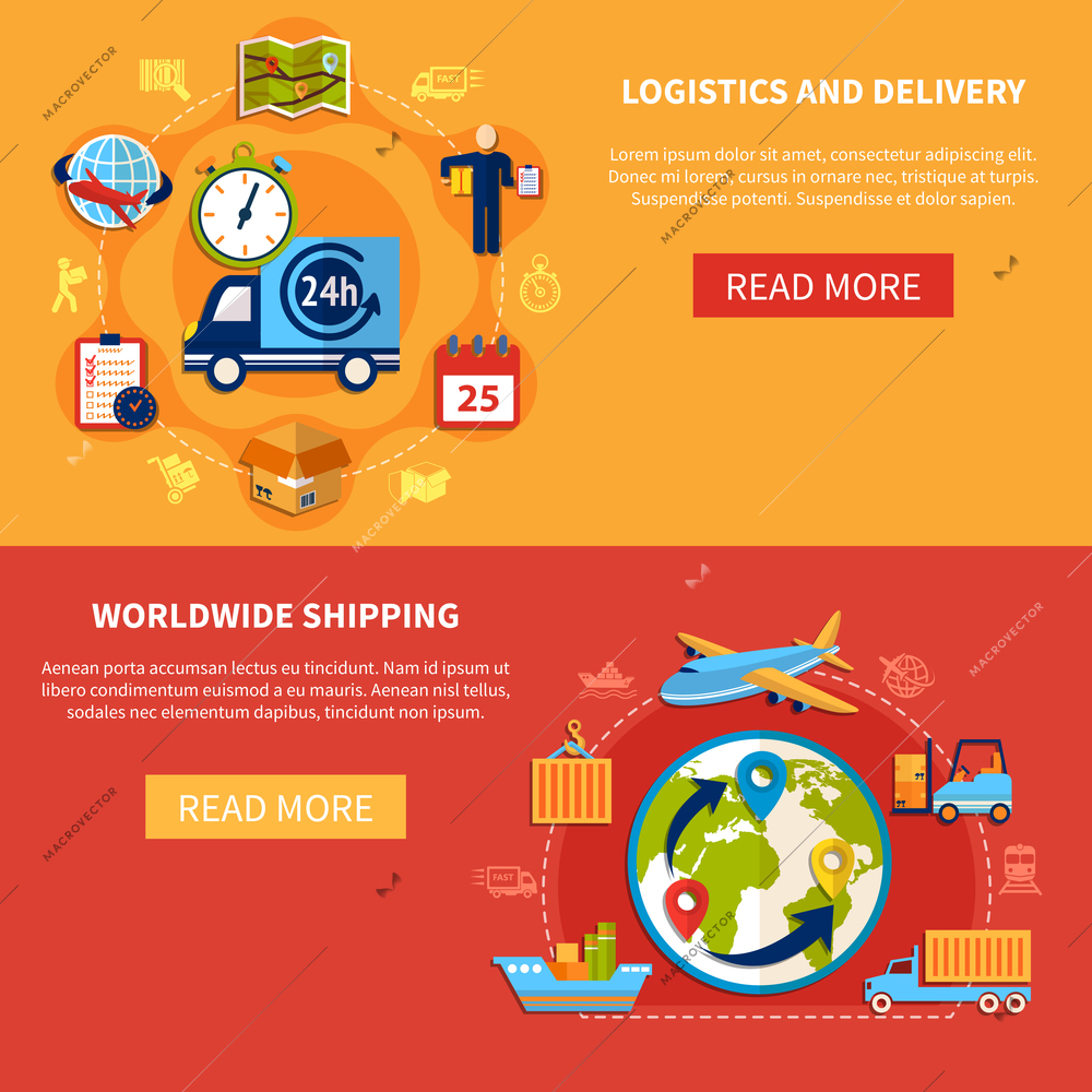 Logistic isolated banner set composition with descriptions about worldwide shipping and delivery vector illustration