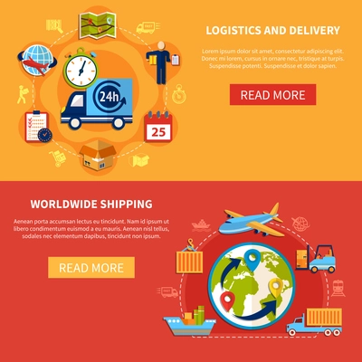 Logistic isolated banner set composition with descriptions about worldwide shipping and delivery vector illustration