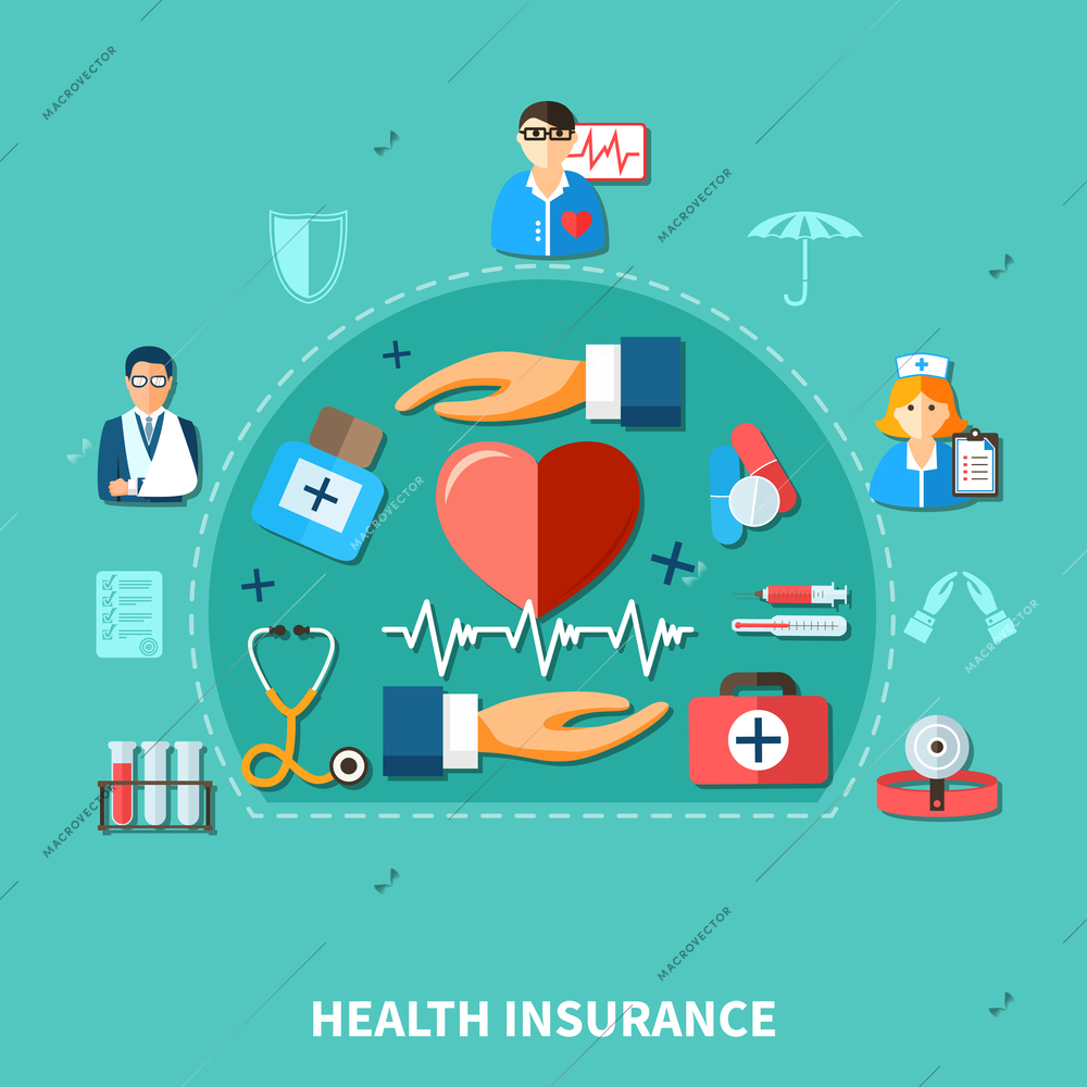 Medical insurance flat concept with doctor nurse heart tools and equipment isolated vector illustration