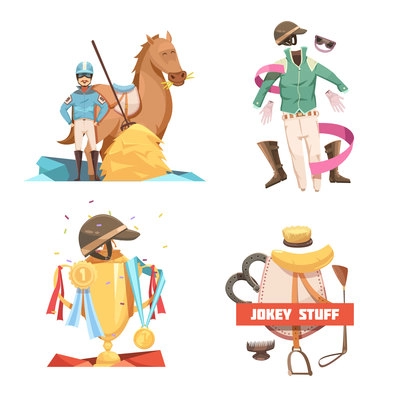 Horse riding retro cartoon 2x2 design compositions with jockey stuff and champion cup flat vector illustration