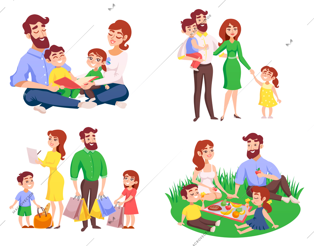 Set of family during walk, picnic in meadow, reading, after shopping retro cartoon style isolated vector illustration