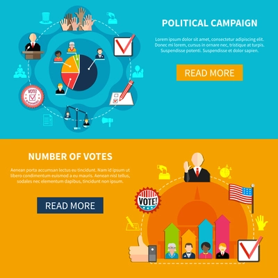 Election campaign agitation horizontal banners set with flat voting elements, diagram and ballot box, vector illustration