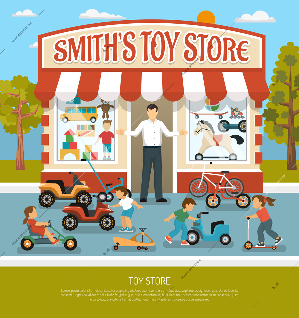Kids store products children toy shop composition with boutique building seller and infants with bicycles playcars vector illustration