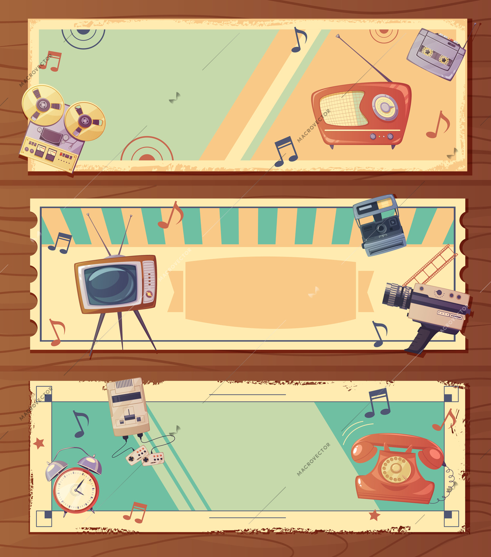 Retro devices horizontal banners with music video and other classic gadgets isolated vector illustration