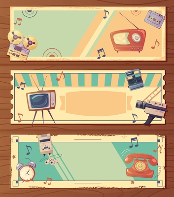 Retro devices horizontal banners with music video and other classic gadgets isolated vector illustration