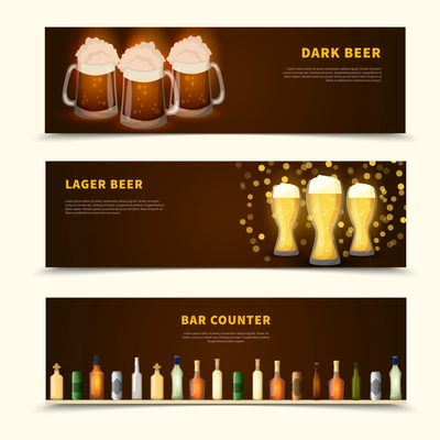 Flat set of three horizontal banners with glasses of beer and bar counter full of beverages isolated on white background vector illustration