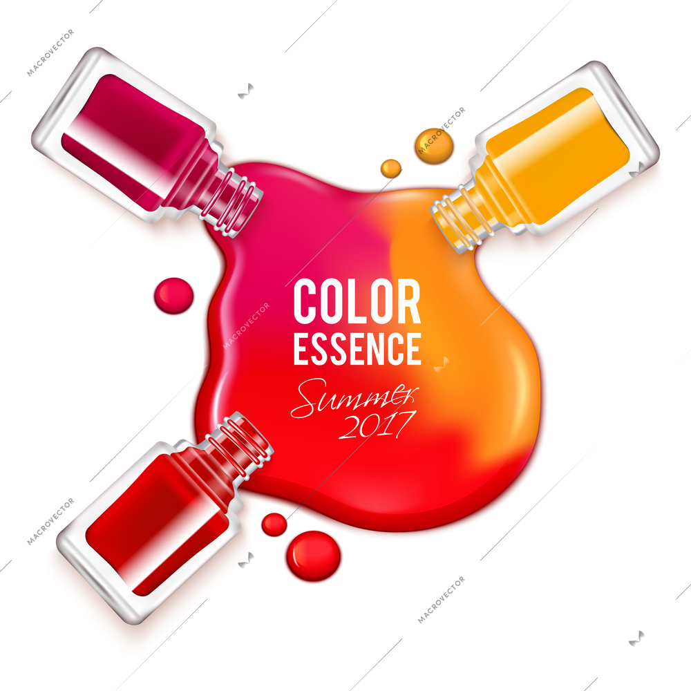 Spilled colorful nail polish and opened containers on white background realistic vector illustration