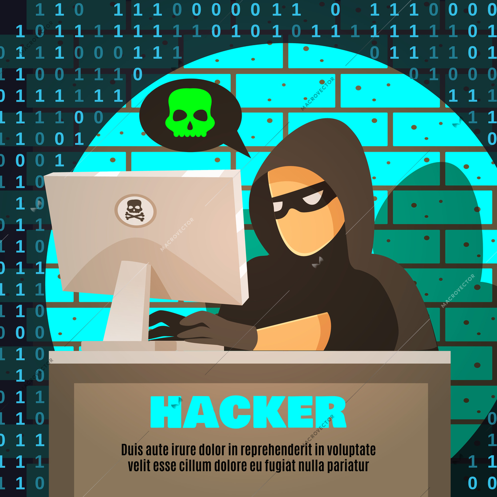 Hacker in gloves and mask near computer and cloud with skull on brick wall background vector illustration