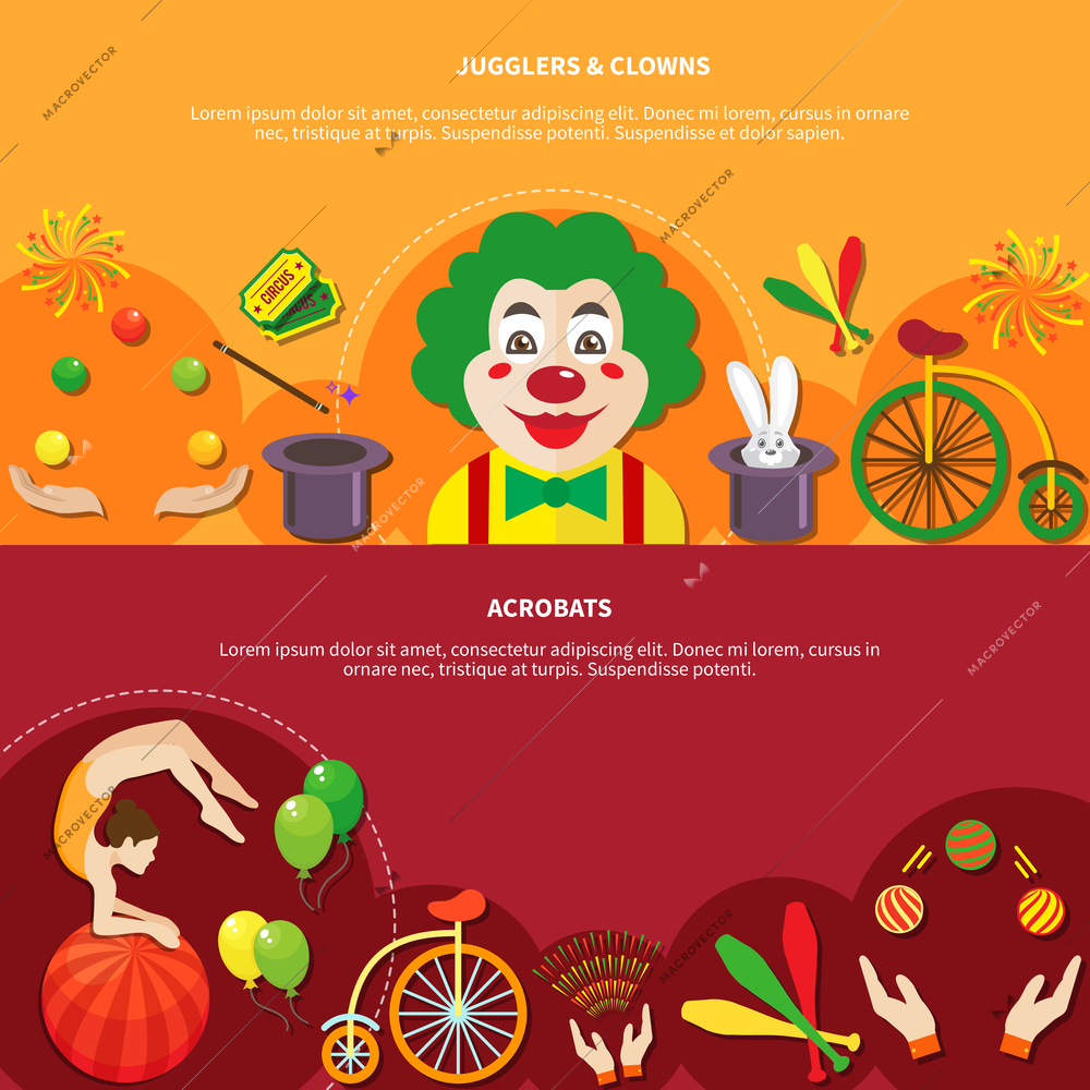 Circus horizontal banners set flat isolated vector illustration