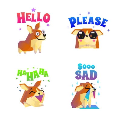 Corgi composition set with four isolated funny lap dog character flat images with decorative text captions vector illustration