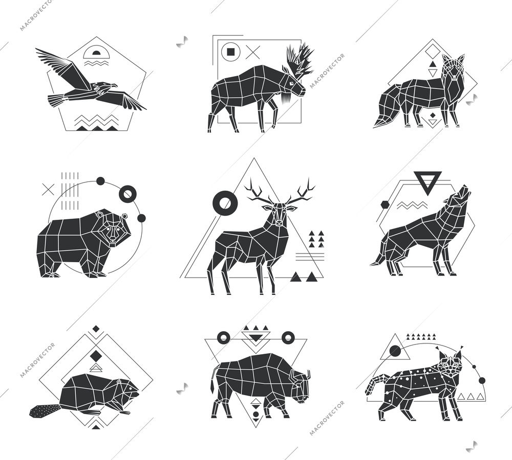 Polygonal monochrome emblems set with wild animals and birds and geometric pattern isolated on white background vector illustration