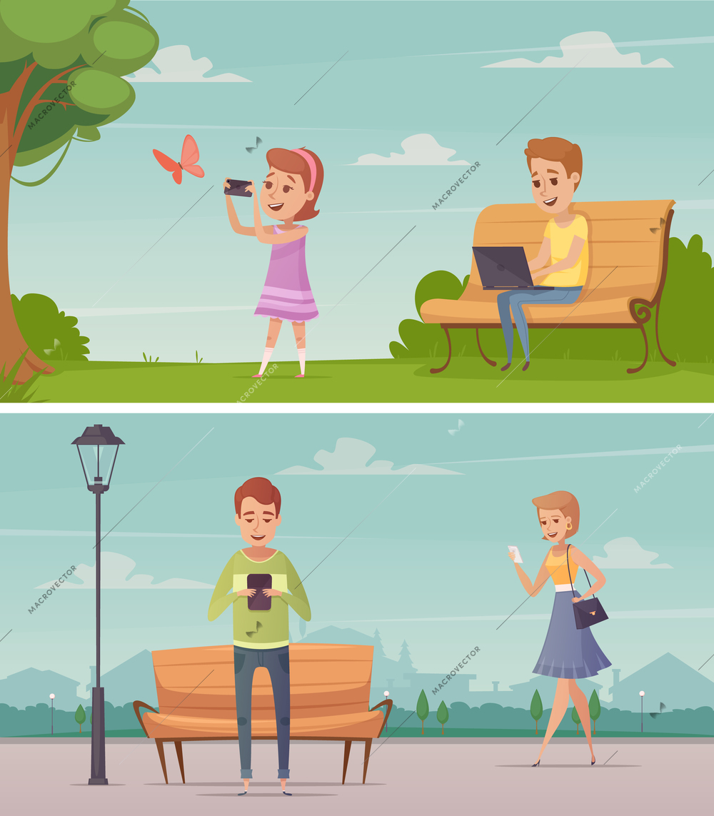 Outdoor horizontal compositions with girl photographing butterfly and young men looking at screen of laptop and tablet flat isolated vector illustration