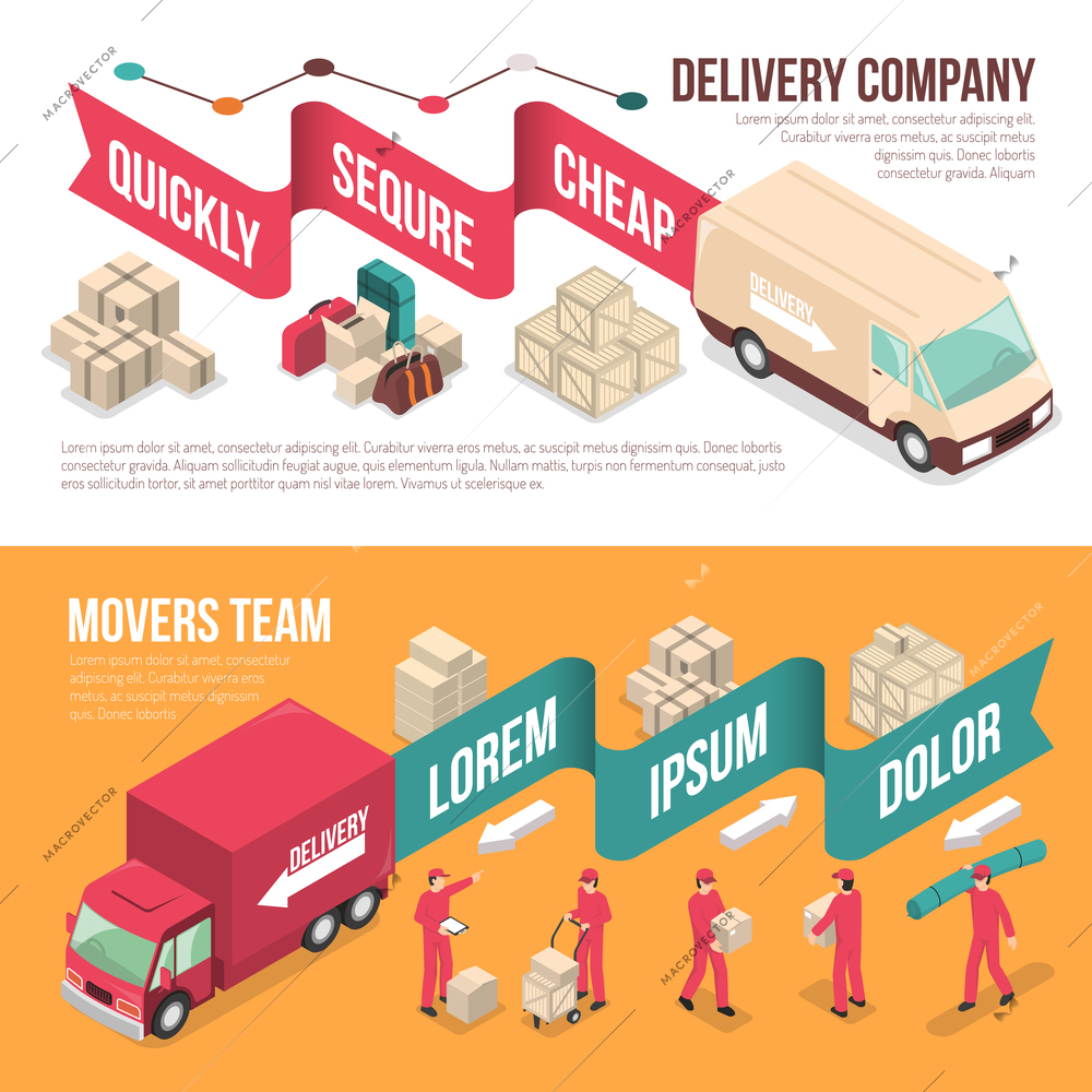 Two horizontal isometric delivery moving banner set with delivery company and movers team descriptions vector illustration