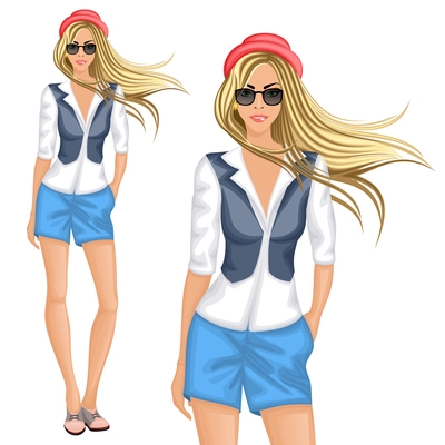 Blond hipster female girl character wearing chemise shorts vest hat sunglasses vector illustration