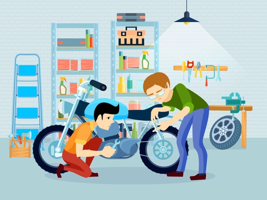 Flat repair motorcycle composition with father biker and his son in garage vector illustration
