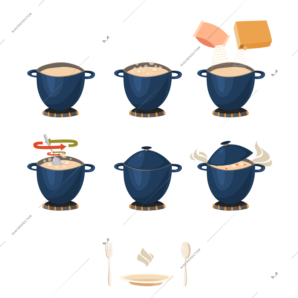 Visual phased cooking instruction for Infographic or manual with pot on fire isolated flat icons vector illustration