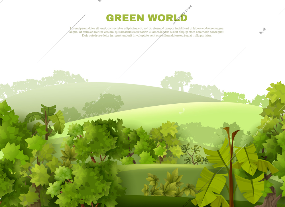 Green world ecological organisation poster with undulating landscape tropical garden style with misty background abstract vector illustration