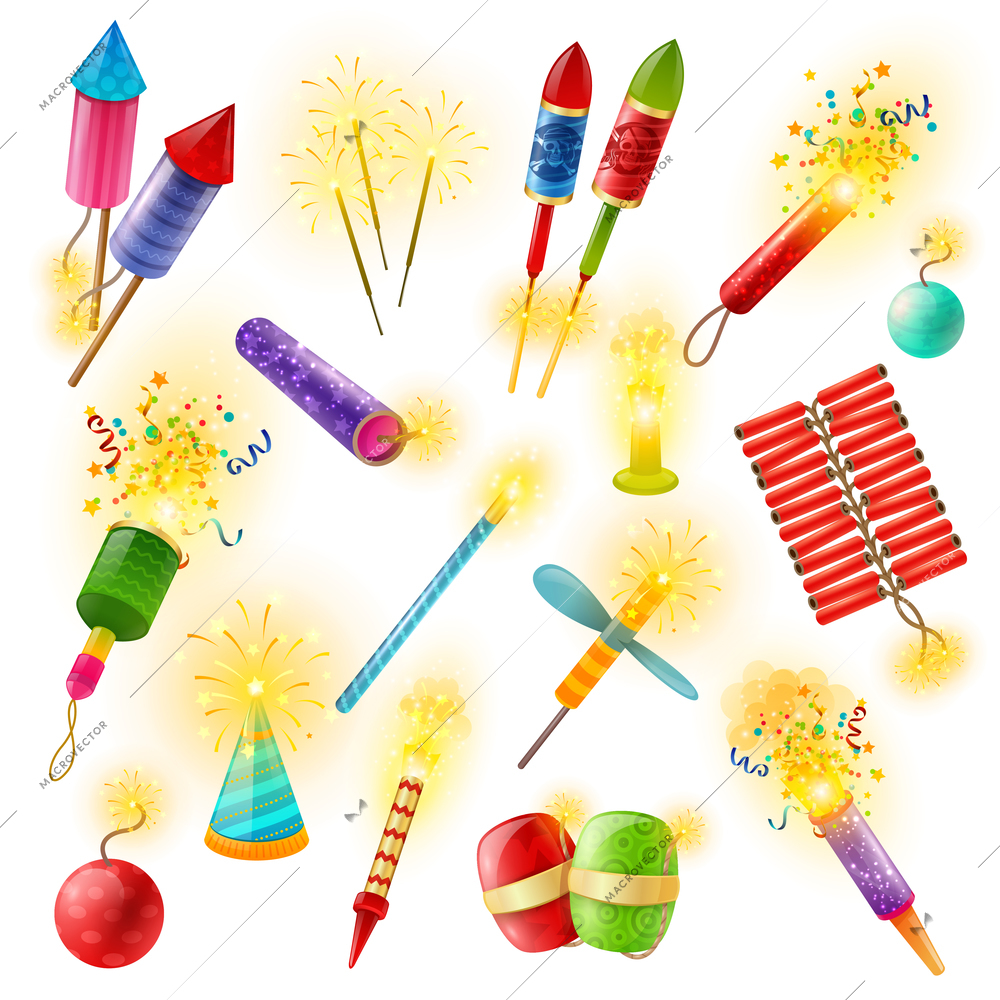 Pyrotechnics commercial firework crackers firecrackers indian bengal lights and sparklers for special events colorful collection vector illustration