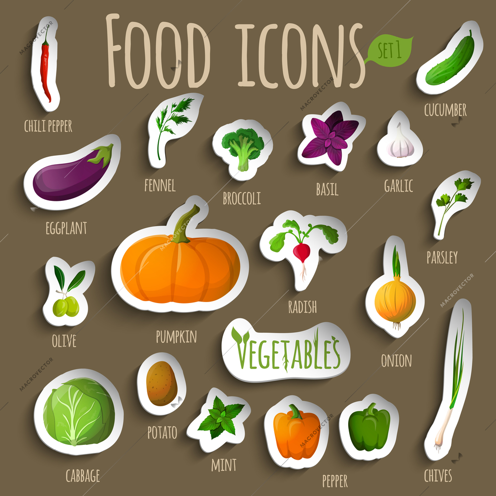 Food vegetables doodle stickers set of chili pepper eggplant fennel olive cabbage vector illustration