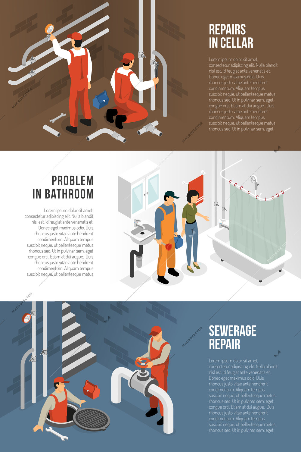 Plumber isometric horizontal banners set with sewerage repair bathroom and cellar interior images with text vector illustration