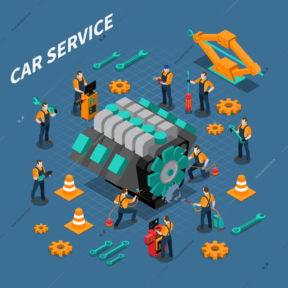 Car service isometric composition with people equipment and tools symbols vector illustration