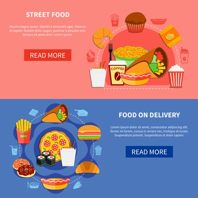 Street food on delivery online order 2 flat banners with deserts coffee pizza burgers isolated vector illustration