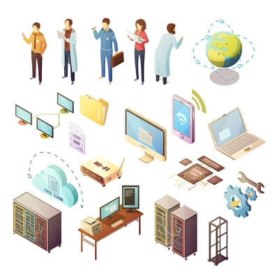 Datacenter Isometric isolated icons set of server hardware and technical staff supporting safety of software and data transfer flat vector illustration