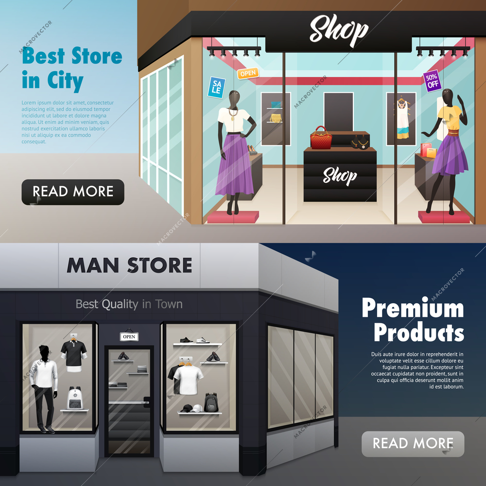 Set of two horizontal beauty shop banners with mens wear ladies clothes fashion store with text vector illustration