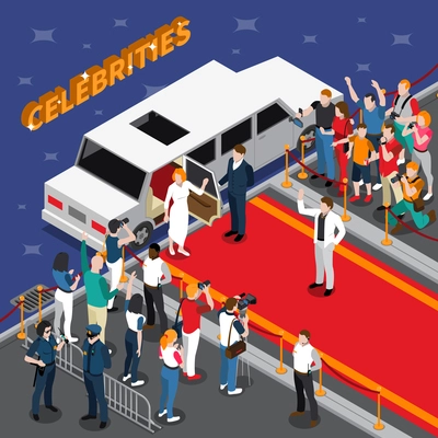 Celebrities on red carpet isometric composition with white limousine guards admirers photographers reporters police 3d vector illustration