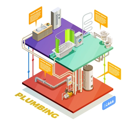 Plumbing two story house water heating system isometric set of boiling room bathroom and kitchen vector illustration