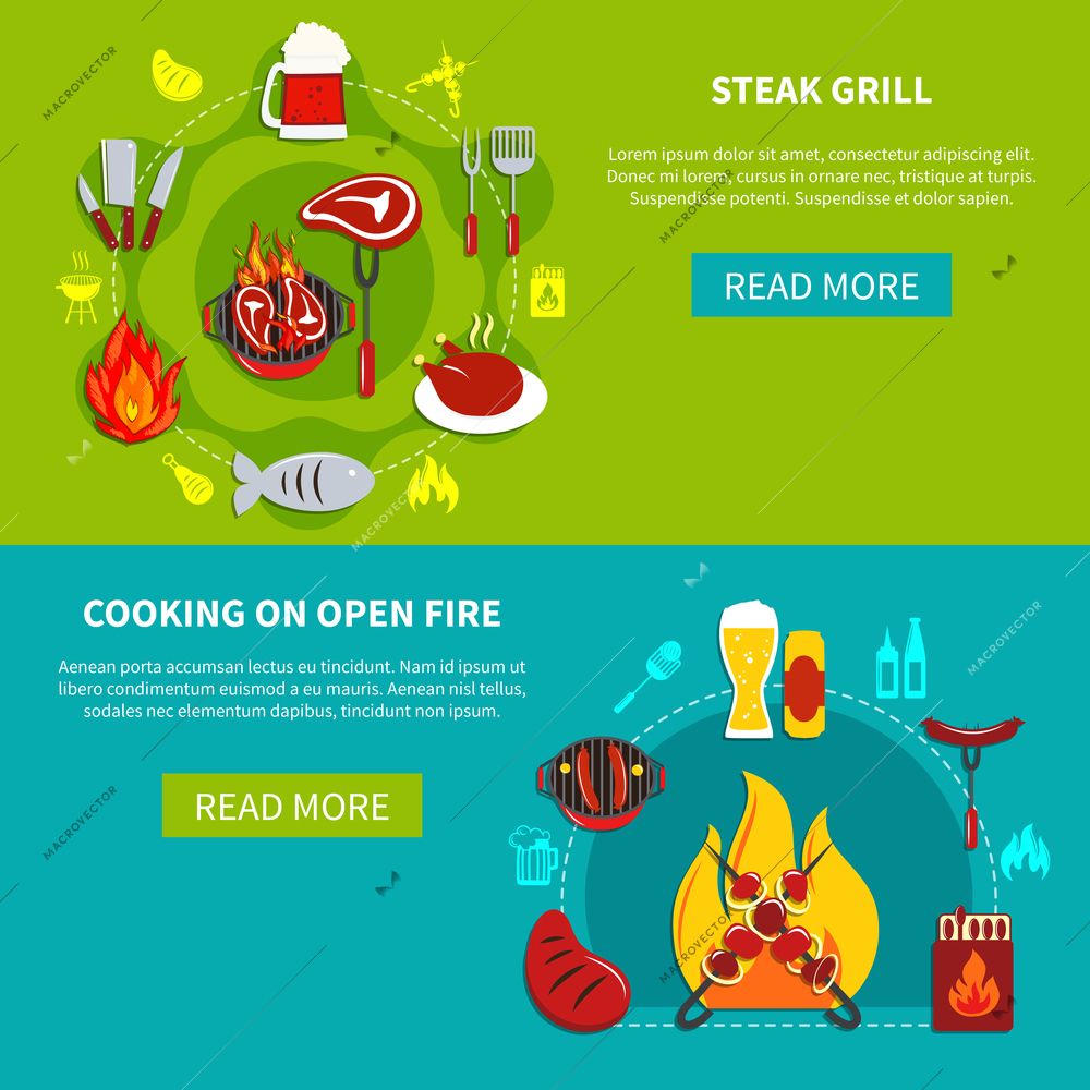 Composition with steak grill and cooking on open fire with foods and drinks vector illustration