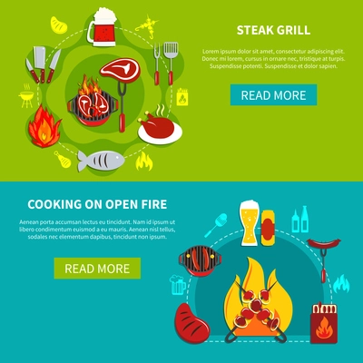 Composition with steak grill and cooking on open fire with foods and drinks vector illustration