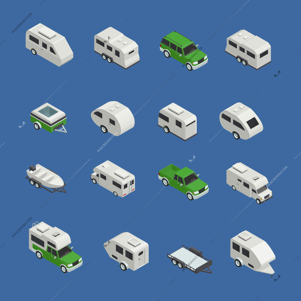 Recreational vehicles isometric icons set on blue background isolated vector illustration