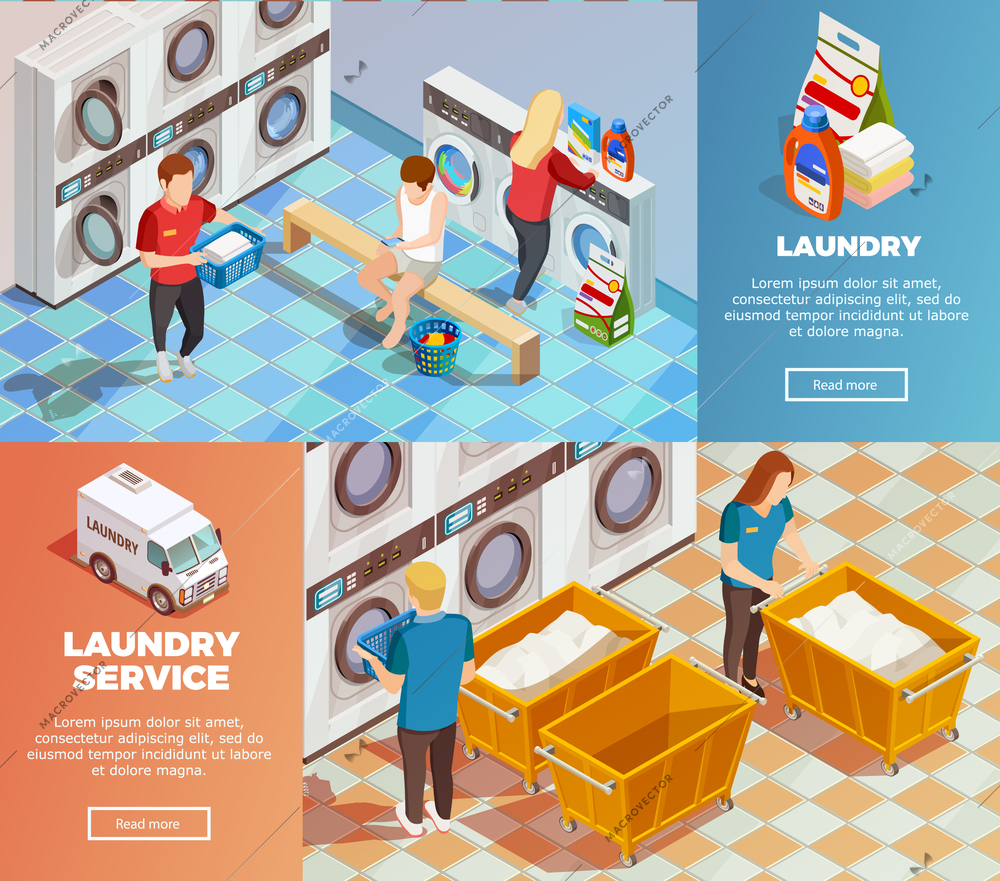 Colorful horizontal laundry service room with facilities for washing drying and cleaning banners set isometric isolated vector illustration